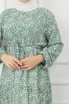 Yonca desen bel bağçıklı  Viskon kumaş elbise MintyeşiliHBS1165