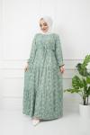 Yonca desen bel bağçıklı  Viskon kumaş elbise MintyeşiliHBS1165