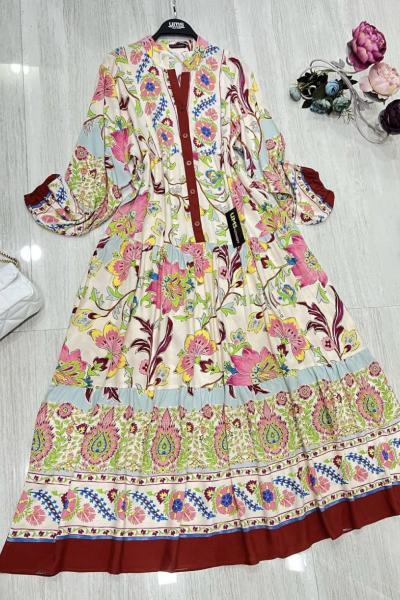 Zara desen  viskon elbise Bordo  UMS5085
