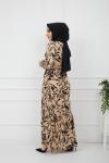 Zebra Desen Hasır Kemeri Elbise Bej HBS929