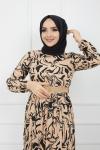 Zebra Desen Hasır Kemeri Elbise Bej HBS929