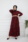 Zebra Desen Hasır Kemeri Elbise Bordo HBS929