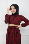 Zebra Desen Hasır Kemeri Elbise Bordo HBS929