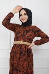 Zebra Desen Hasır Kemeri Elbise Kahve HBS929