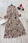 Zebra desen düğmeli viskon elbise Nefti kahve    UMS5061
