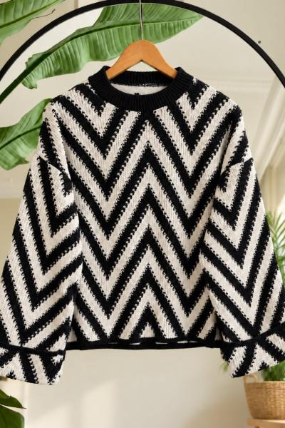 Zikzak Desenli Triko Kazak Siyah SL2725