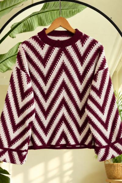 Zikzak Desenli Triko Kazak Bordo SL2725