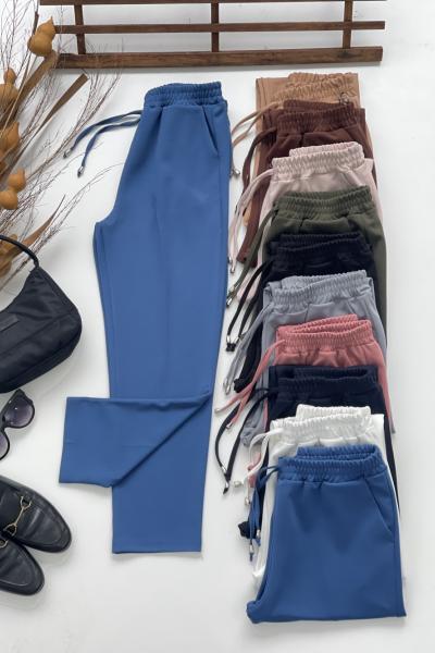 Bel lastikli cepli Double krep kumaş pantolon indigo SLt1554