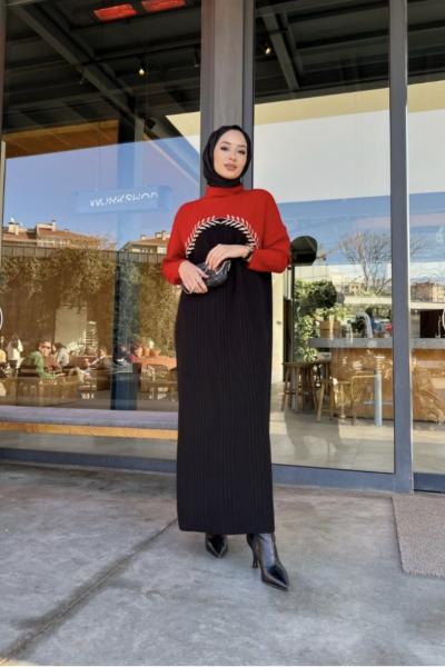 Ön nakış işleme triko elbise Siyah TCN4034