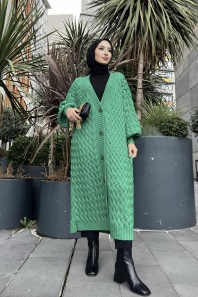 Örgülü kalın uzun  hırka yeşilTCN4026