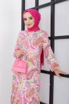 Şal desen viskon kumaş elbise pembe UMS1636