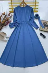 Mevlana model bürümçük kumaş  kuşaklı elbise Mavi TBT3058
