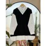 Çizgili gömlek Detaylı iki iplik Tunik Siyah DST30304