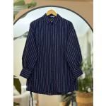 Çizgili Kol bağcıklı Keten Tunik Gömlek Lacivert NEW30301