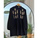 Nakış İşlemeli Keten Gömlek Tunik Siyah DST30291