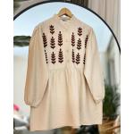 Nakış İşlemeli Keten Gömlek Tunik Bej DST30291