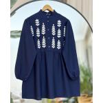 Nakış İşlemeli Keten Gömlek Tunik Lacivert  DST30291