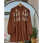 Nakış İşlemeli Keten Gömlek Tunik Kahve DST30291